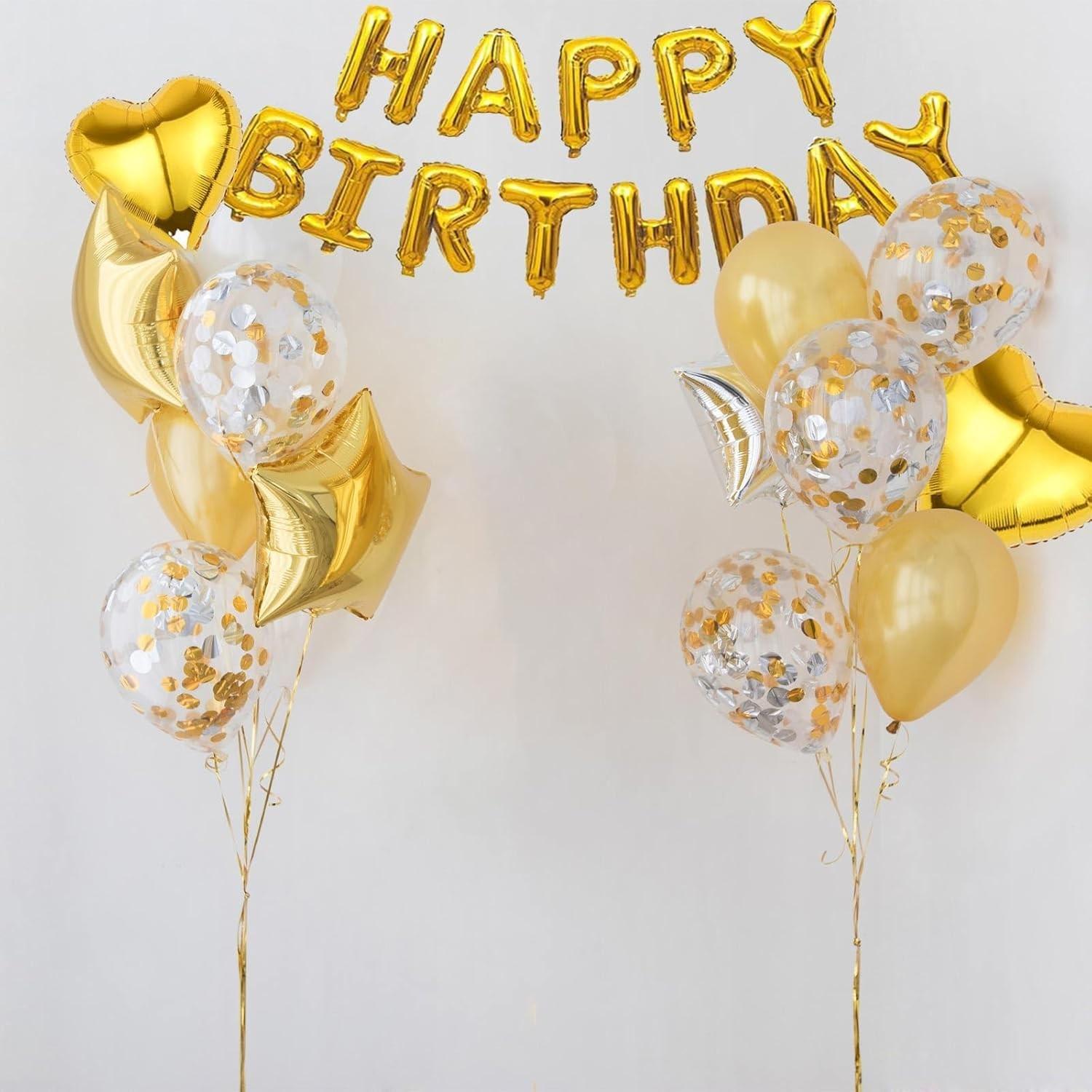 29 Pcs Gold Birthday Decorations, 3D Foil Gold Happy Birthday Balloon Banner, Pentagram Heart Foil Balloons Confetti Balloons Kit For Boys Girls Birthday Party Supplies