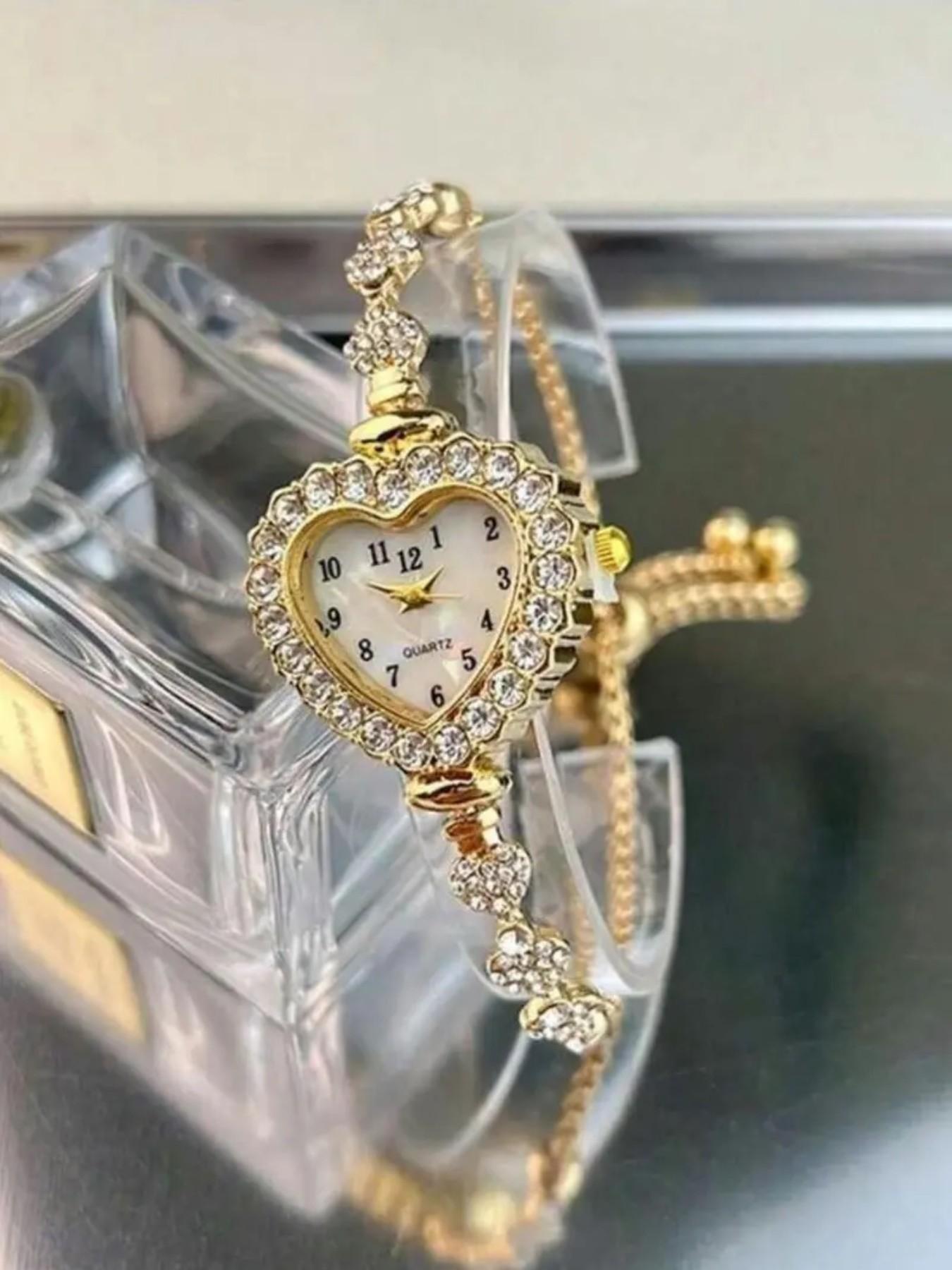 2026 new alloy heart-shaped digital dial watch, Arabic numeral dial, adjustable drawstring strap, quartz watch, diamond decoration, perfect gift for Christmas, Valentine's Day, birthdays and anniversaries, with gift box, Watch gift set