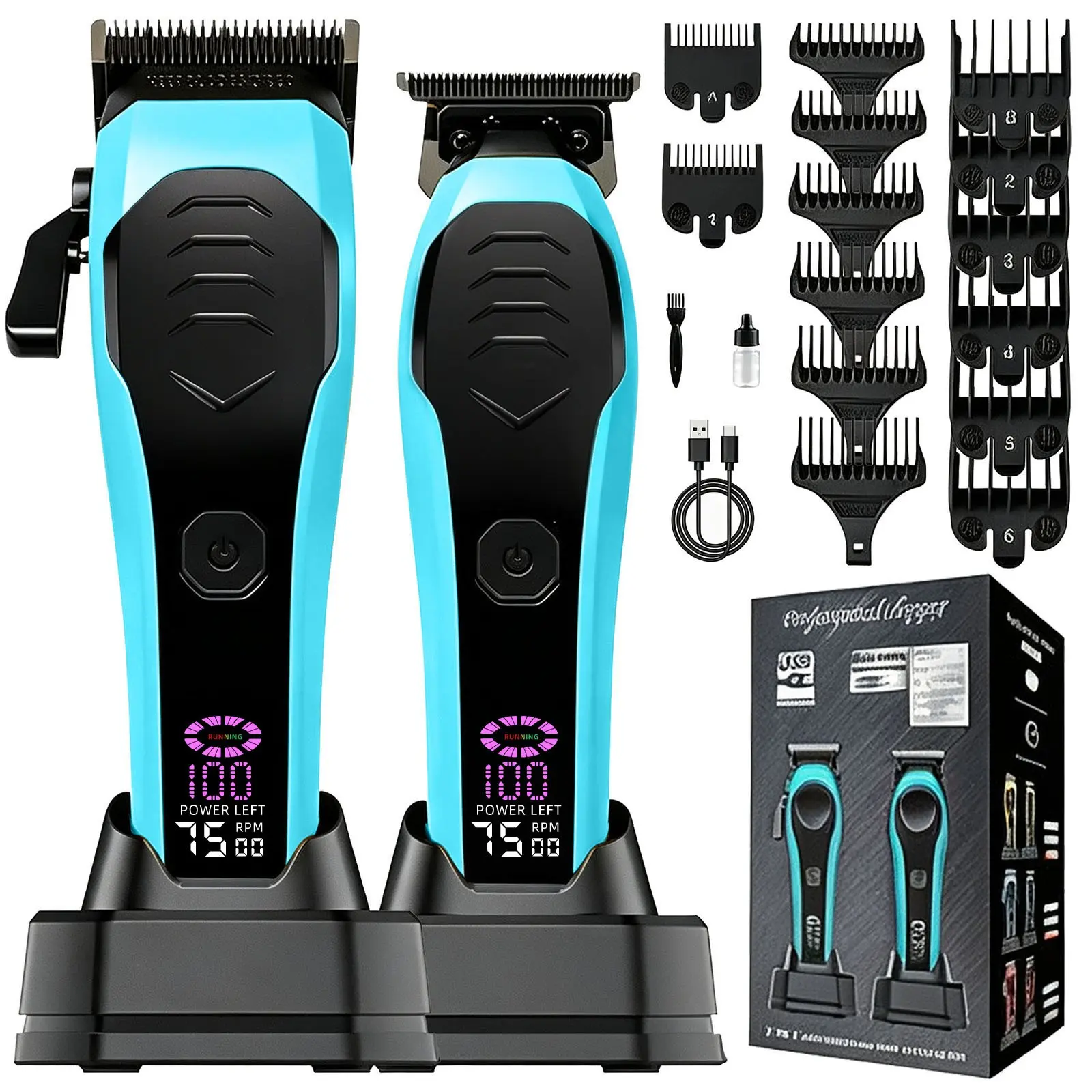 LARGNER Professional Hair Clipper & Trimmer Combo Set, 7500RPM LCD Digital Display, Cordless Barber Cutting Kit with Charging Base & Guide Combs, for Salon & Home Haircut, Cordless Clippers Set
