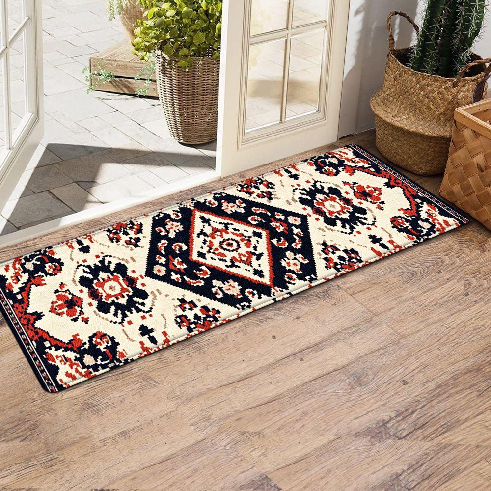 1PC， Red, White and Black Geometric Pattern strip rugs, home décor, bathroom mats, entryway mats, bathroom non-slip mats, indoor entrance rugs, bedroom bedside mats, kitchen mats, hallway rugs, flannel sponge rugs, hallway runner rugs