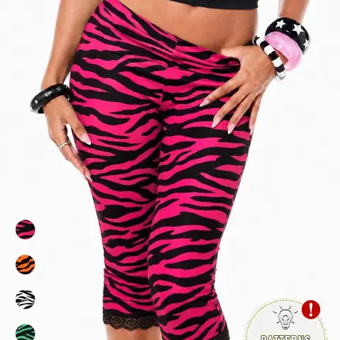 Women's 3D Printed Zebra Graphic Capri Leggings, Animal Print Lace Trim Cropped Pants, Y2K Slim Fit Stretchy Streetwear Casual Summer Bottoms