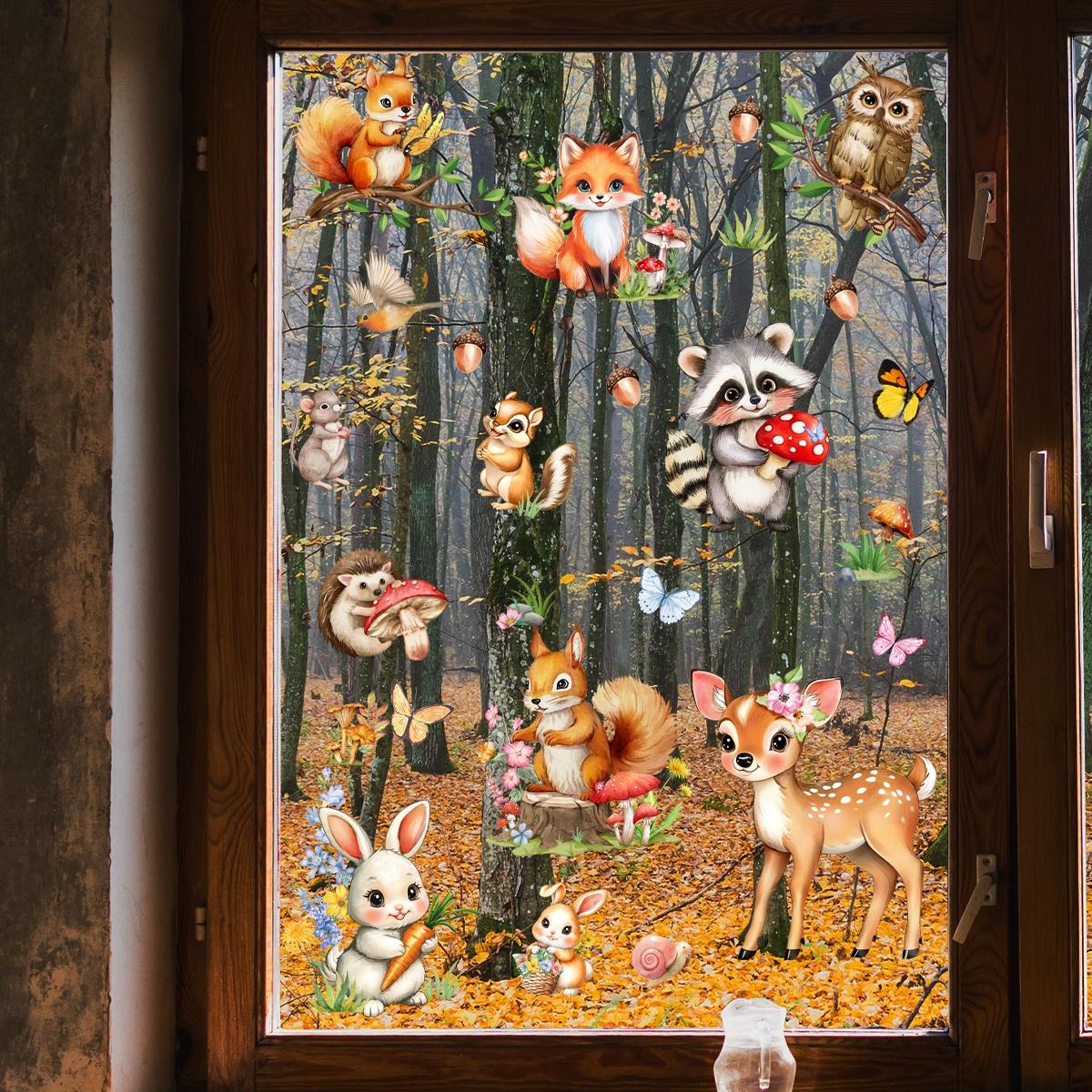 A (30*60cm) window sticker featuring a squirrel, fox, hedgehog and fawn, which is double-sided visible, static cling, a glass sticker for beautifying festival homes, living room windows, and decorating windows and shop windows, Decorative Stickers, D16550