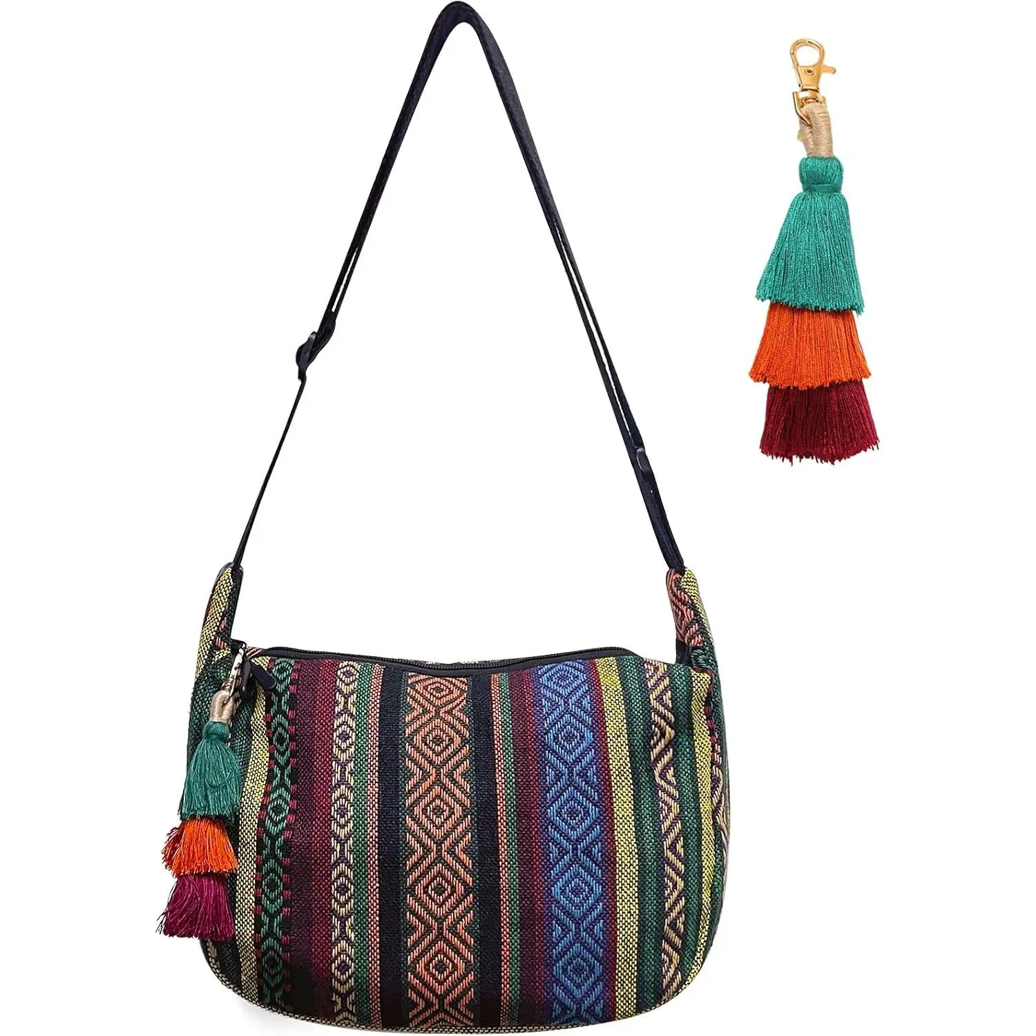 Hippie Purses for Women, Hippie Bag with Tassel  Adjustable Strap | Boho Crescent Crossbody Bags for Women,  Ethnic Woven Geometric Bag, Fits iPad