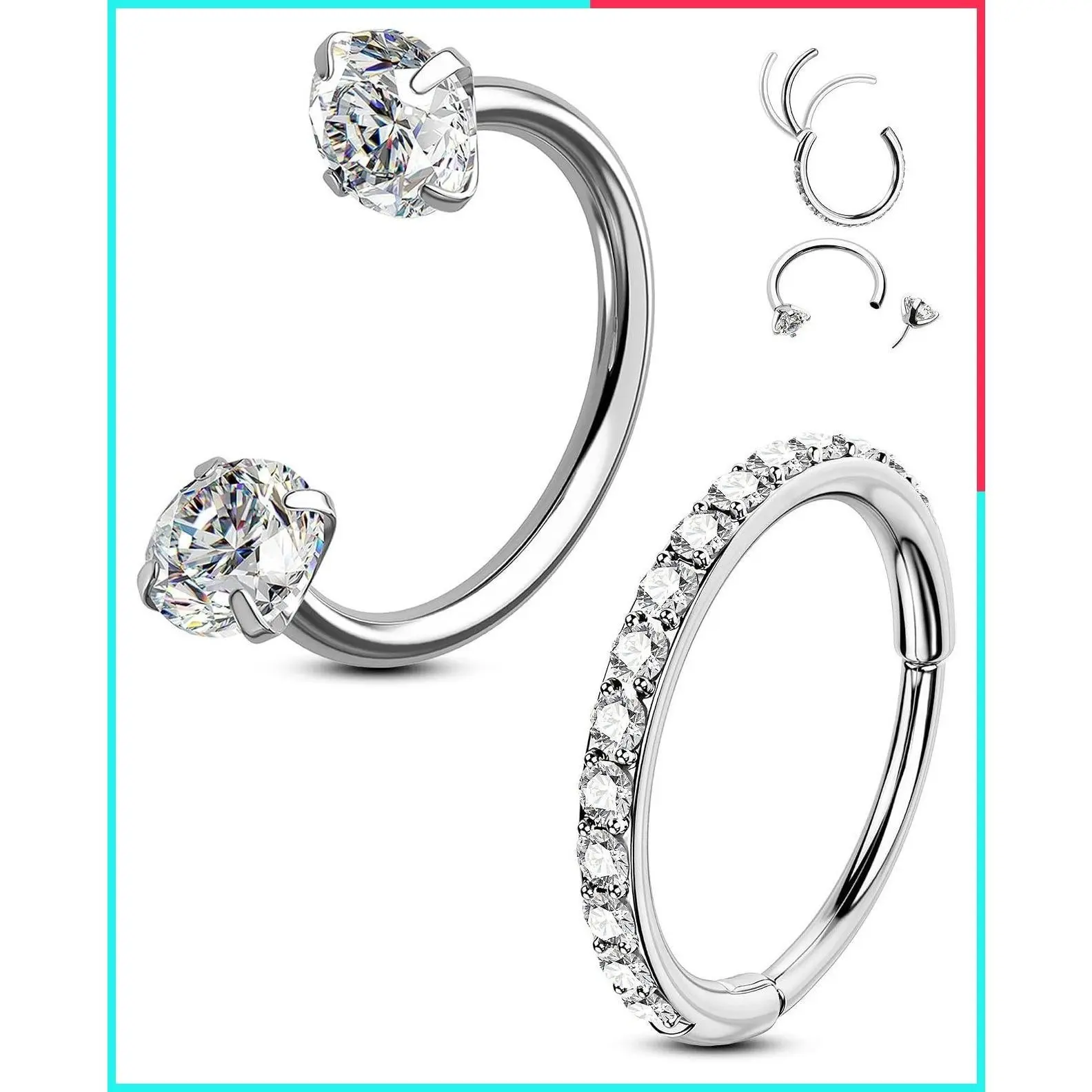 2PCS 20g Double Gem Horseshoe Threadless Nose Rings Hoops for Women Septum Clicker Daith Tragus Helix Rook Eyebrow Lip Piercing Jewelry