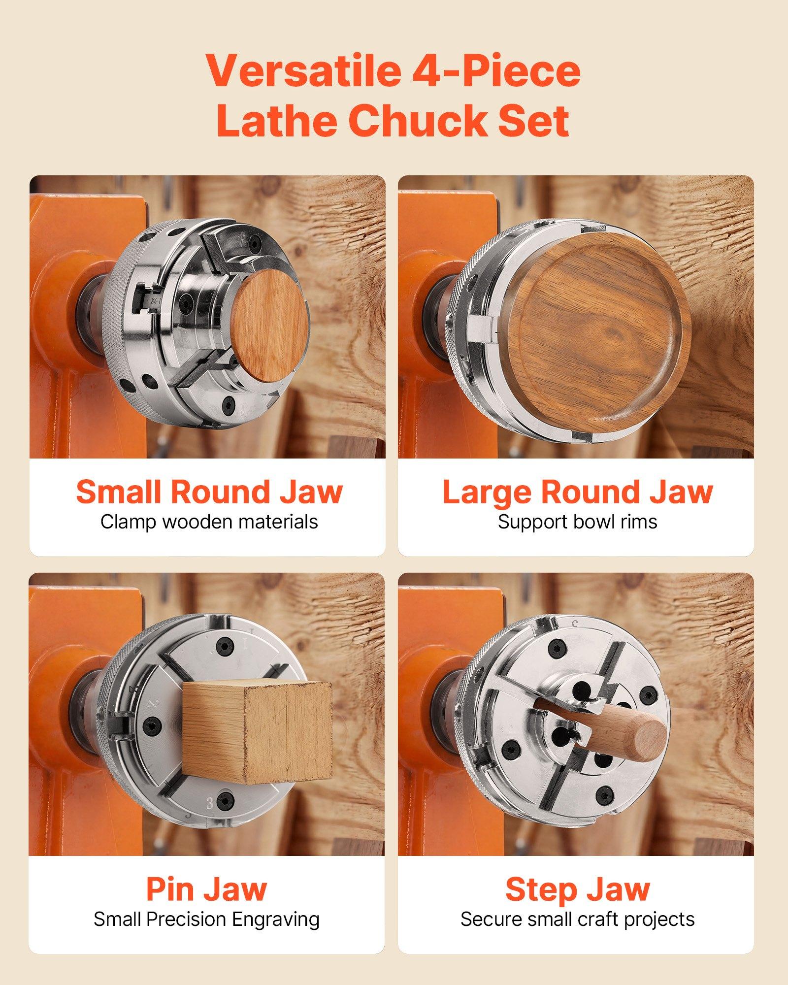 VEVOR 4 Inch Wood Lathe Chuck, 4-Jaw, Self-Centering Wood Turning Chuck Set with 1" x 8TPI Thread & Adapter, 4 PCS Round/Step/Pin Jaws, Case, Nickel-Plated, High-Hardness Steel, for Woodworking Lathe VEVOR 4 Inch Wood Lathe Chuck, 4-Jaw, Self-Centering Wood Turning Chuck Set with 1" x 8TPI Thread & Adapter, 4 PCS Round/Step/Pin Jaws, Case, Nickel-Plated, High-Hardness Steel, for Woodworking Lathe