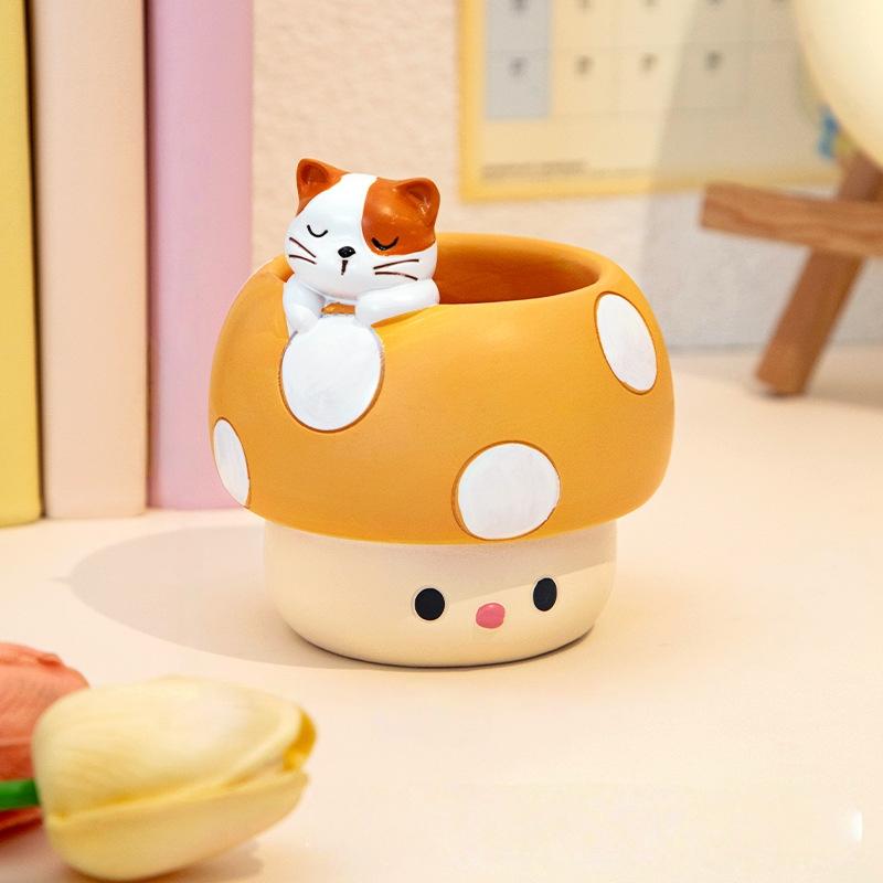 Cute Cartoon Mushroom Pen Holder, Student Desk Organizer, Multi-Functional Creative Storage Decor, Resin Succulent Plant Pot, Handmade Mini Planter, Cute Desk Accessories