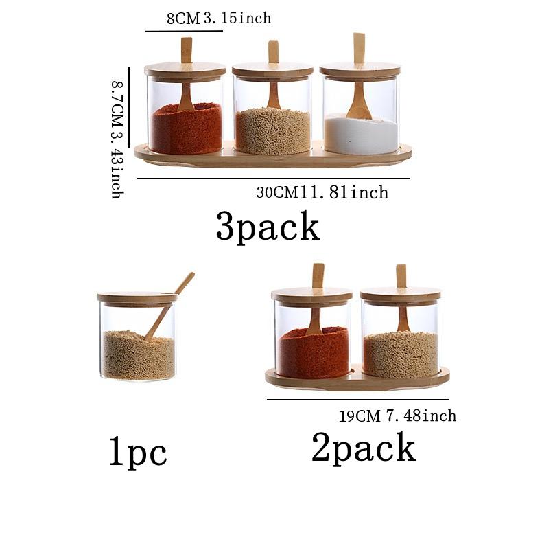 Glass Spice Containers Set with Wooden Base, Includes Spoon, Ideal for Storing Spices Salt Sugar, Kitchen Storage Organizer