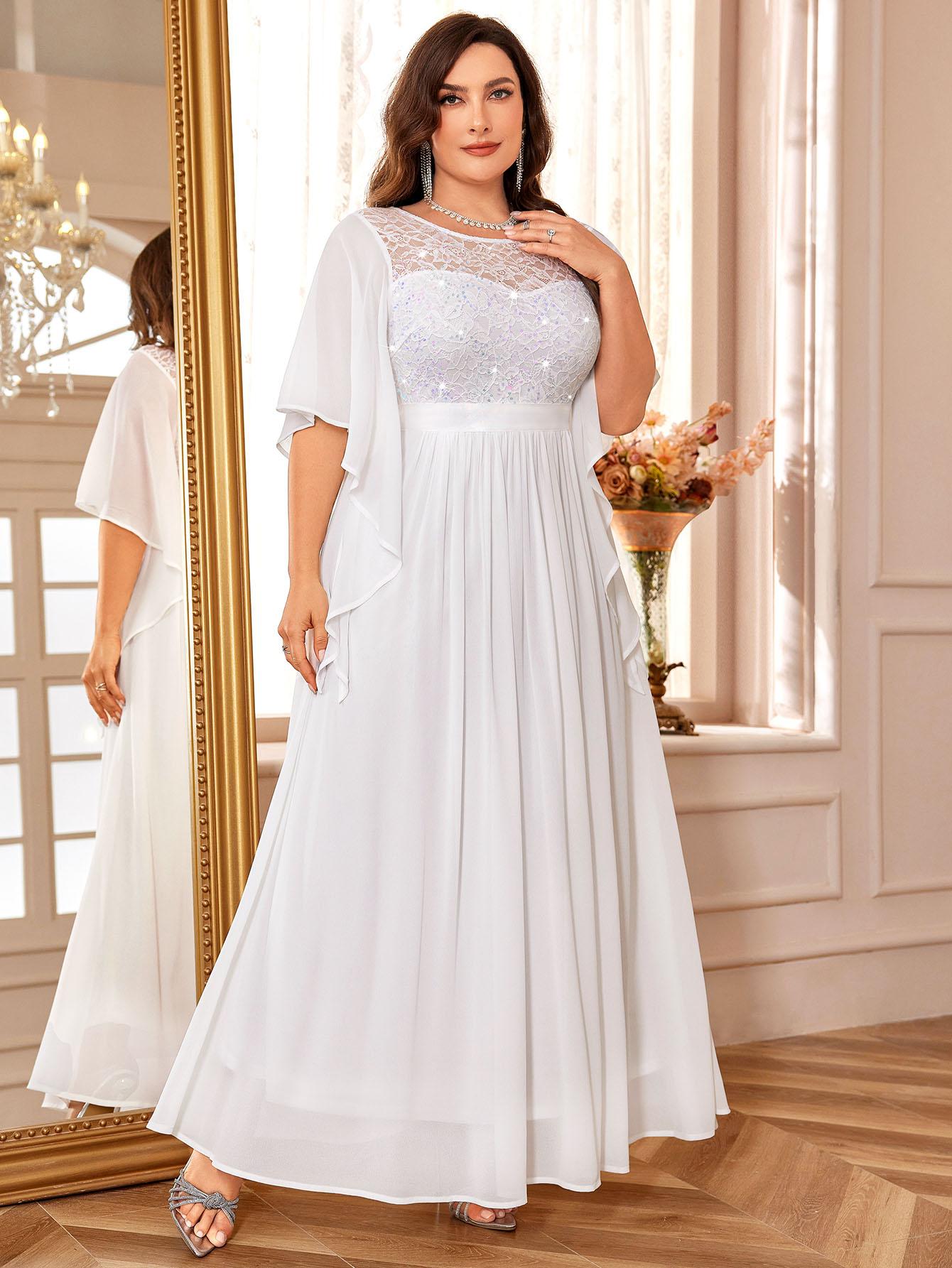 Miusol P83099 Plus Size Women's Sequin Floral Lace Chiffon Flare Sleeve Formal Dress Elegant Evening Gown All Seasons Party dress,Evening dress Normal Type  Womenswear Maxi Dress SpringStatements