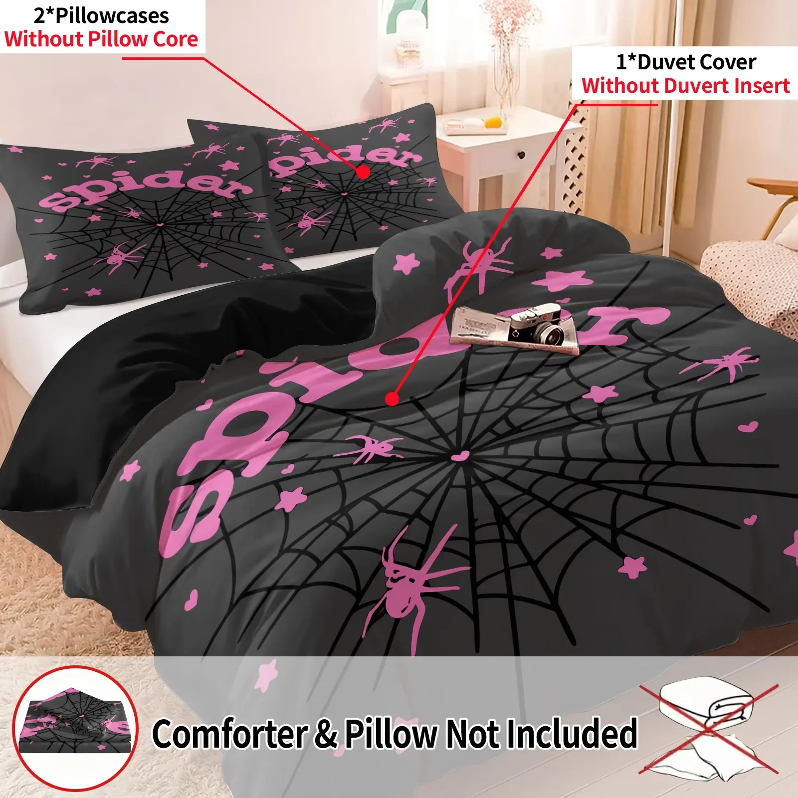 Sweet Cool Girly Style Dark Grey Pink Spider Web Duvet Cover 3Pcs Set, 1 Comforter Cover + 2 Pillowcases, Unique Spider Letter Star Heart Print Quilt Cover, Skin-friendly Machine Washable, Holiday Bedroom Decor Bedding Breathable Bedding Sets