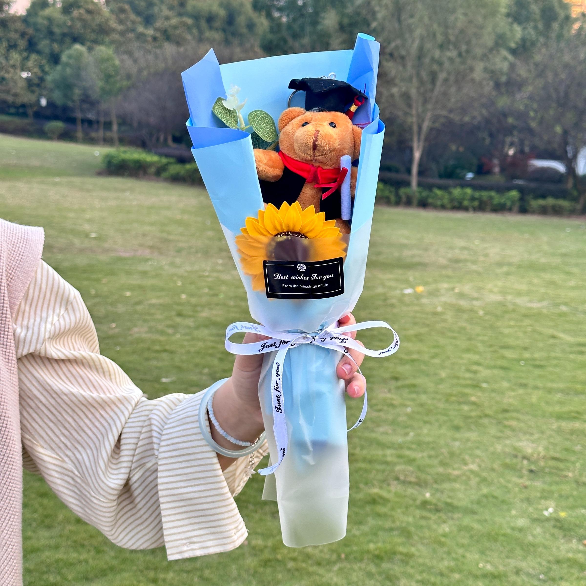 Doctor Bear Sunflower Doll Bouquet, Graduation Gift for Classmates, Teacher Appreciation Day Present, Creative Plush Flower Bundle