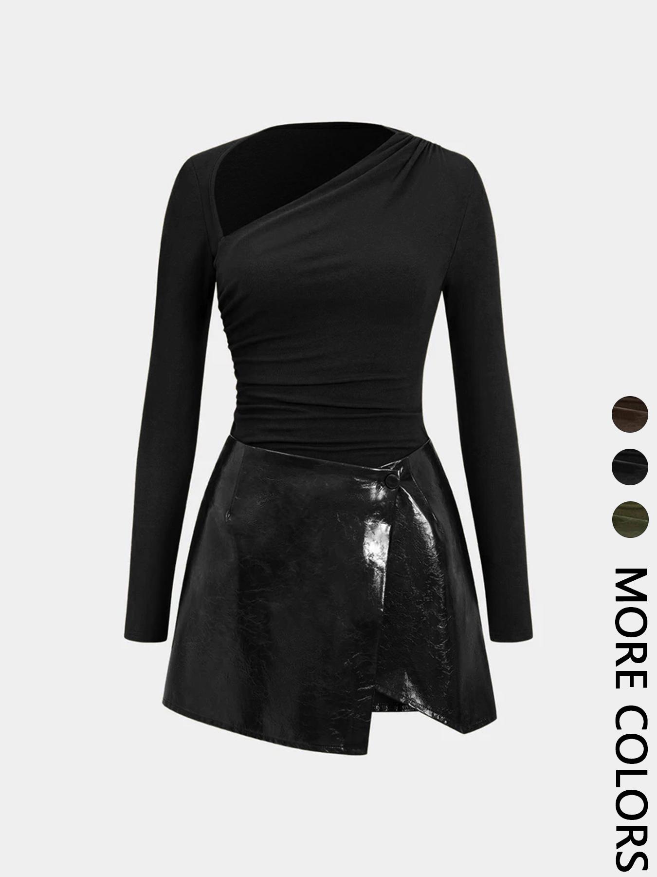 Women's Leather Patchwork Casual Knit Long Sleeve Dress, Fitted Style, Moderate Fabric Thickness, All Seasons Wear