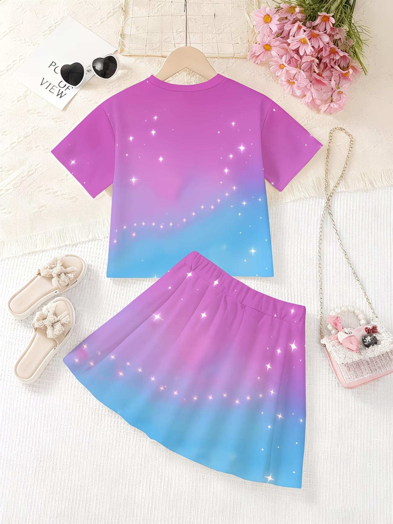 Girls' Summer Casual, Cartoon Anime 3D Print, Fashion Round Neck Short Sleeve Top + Skirt, Comfortable Summer Clothes for Kids