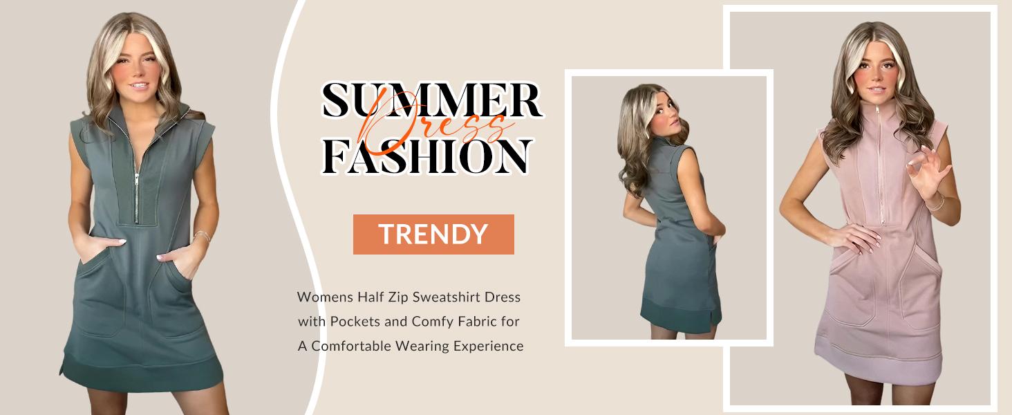 UANEO Womens Half Zip Sweatshirt Dresses Summer V Neck Sleeveless Pullover Tunic Tops Mini Dress
