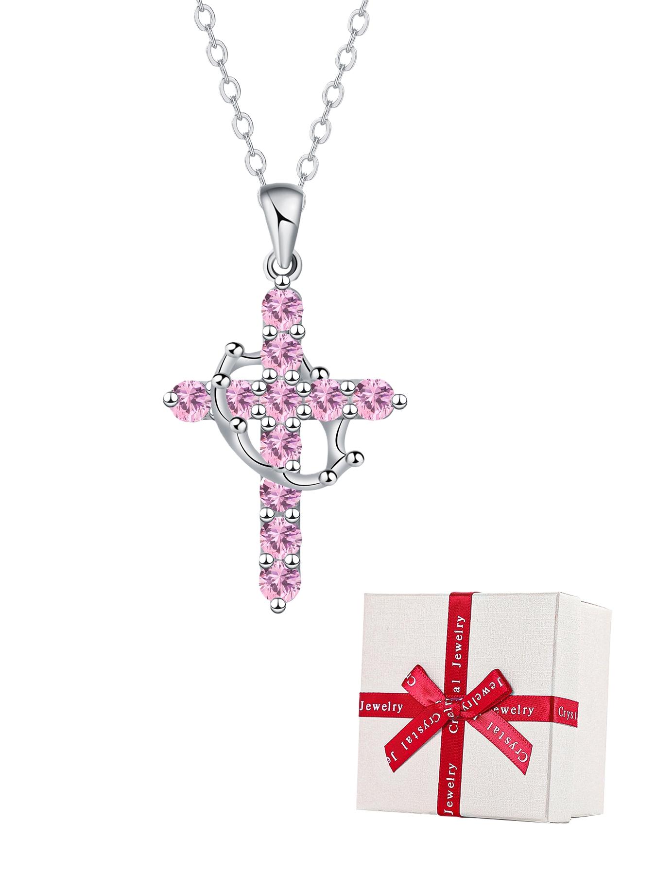 Women's Cz Birthstone Crown Cross Necklace Set, Colorful Fashion Pendant Exquisite Jewelry Gift Box, Christian Wife Mom Girlfriend Faith Present