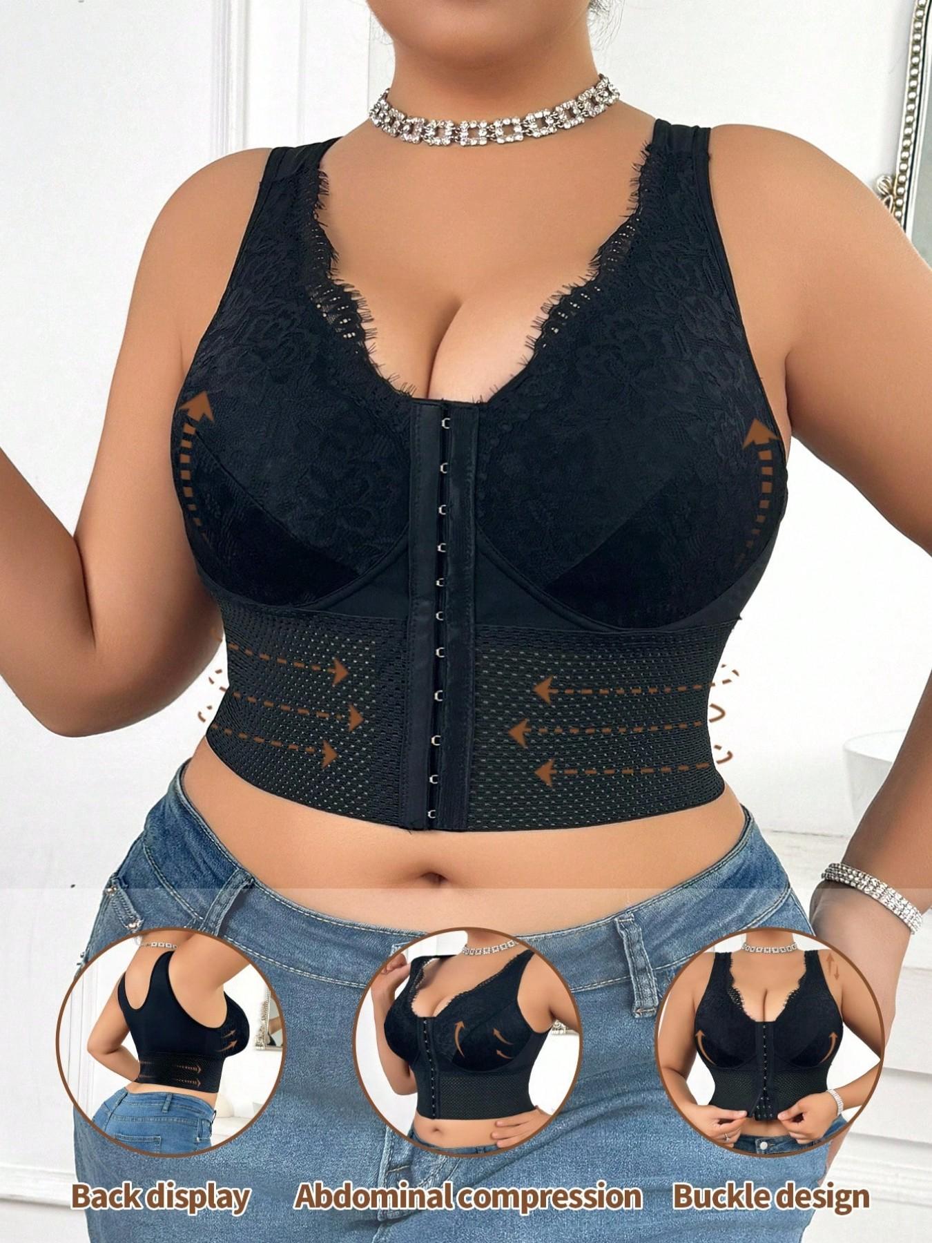 Multi-functional Shaping Bra Designed for Plus-Size Women Front-Closure Buckle Push-Up Wire-Free Posture-Correcting Bra, Longline Posture Bra, with Tummy-Control Shaping Women's Apparel
