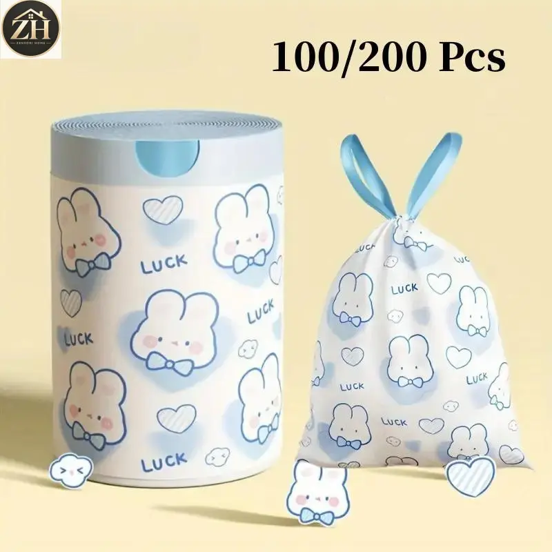 ZVHE 100/200pcs Cute Blue Heart Thick Drawstring Trash Bags, Automatic Closure, Multi-Use Home and Office, Ideal Cleaning Needs, Drawstring Bin Bags
