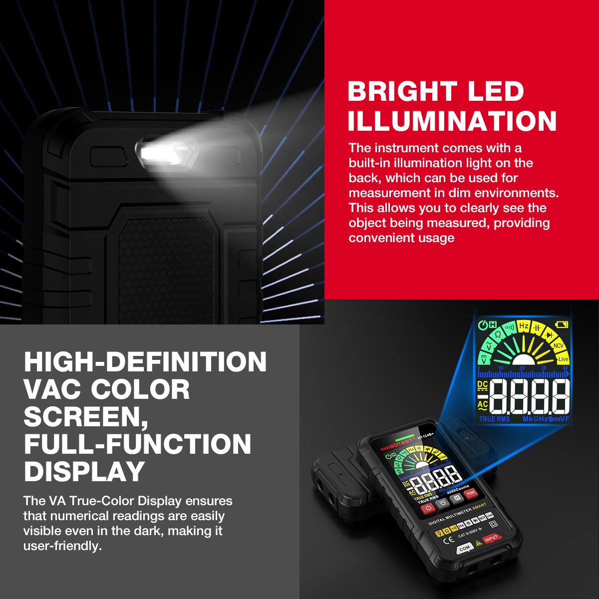HABOTEST HT124B+ Smart Digital Multimeter 2.5-inch Color LCD Screen 600V AC/DC Voltmeter 4000 Counts True RMS Auto Ranging Voltage Meter NCV Live Wire Tester Resistance Capacitance Frequency Hz