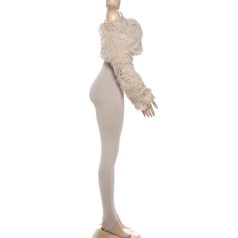 DOUCIU Autumn/Winter Tight-fitting Sexy Hot Trendy Cool Simple Casual Theme Party Women's Thin Solid Color Fur Collar Patchwork Long Sleeve Jumpsuit