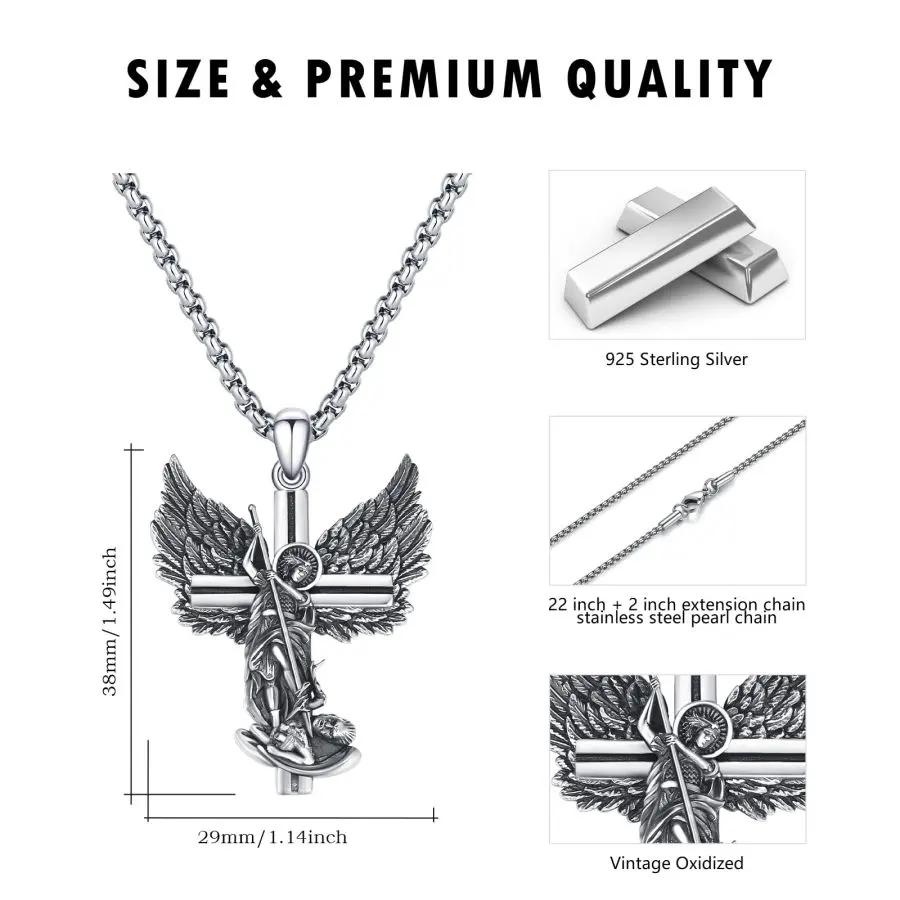 S925 Sterling Silver Archangel Michael Cross Pendant Necklace Unisex Religious Gift Essential