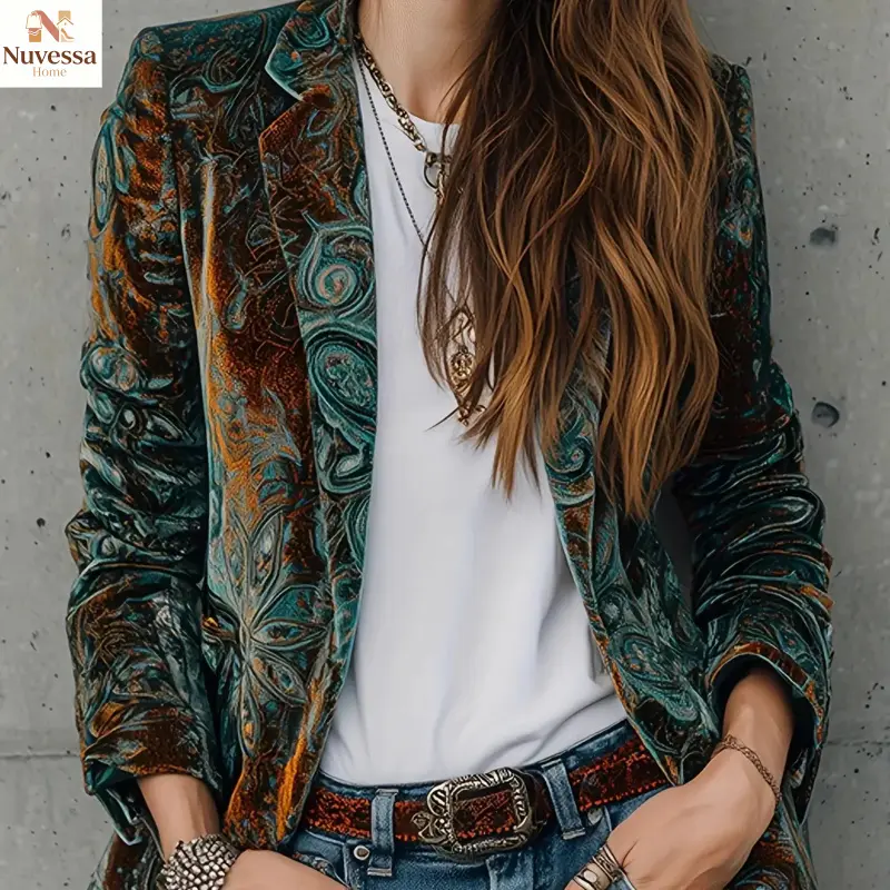 NUVES 2026 New Vintage Artistic Aesthetic Peacock Print Velvet Blazer Women, Lapel Long Sleeve Pocket Design, Casual Loose-Fit Outerwear All Seasons