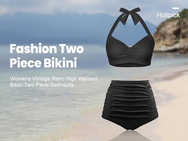 Holipick Women High Waisted Bikini Set Two Piece Tummy Control Swimsuit Halter Top with Bottom Bathing Suit Plus Size Swimsuit for Women Vintage Swimwear Ruffle Swimsuits