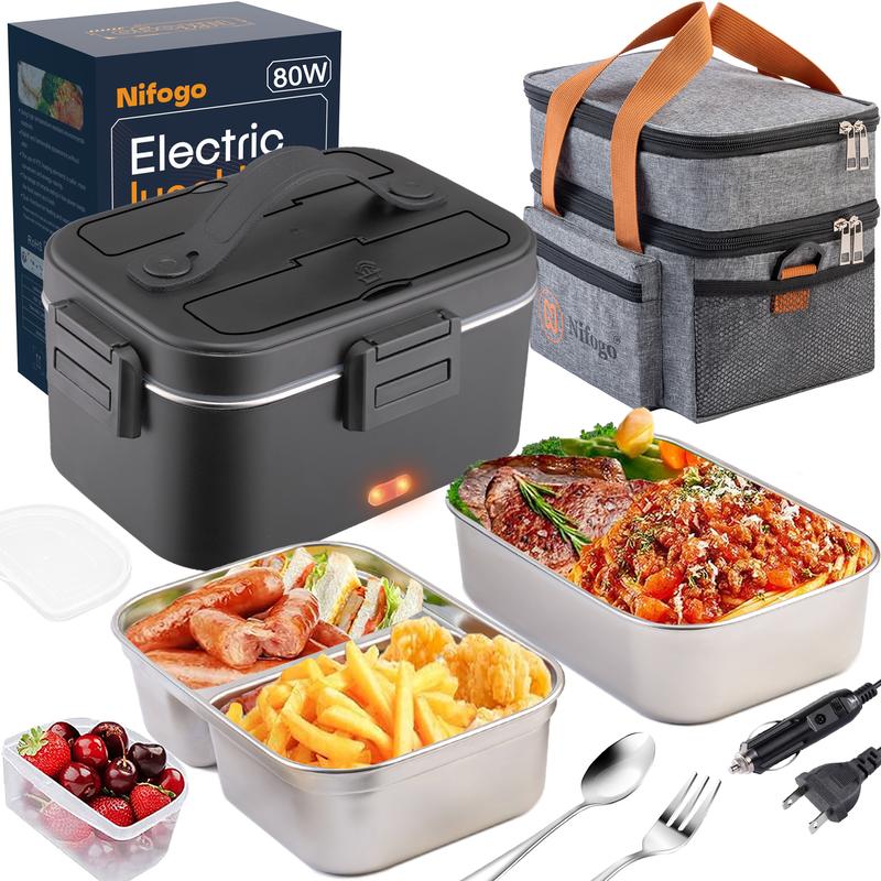 Electric Lunch Box Food Heater for Adults, Heated Lunch Box 12V/24V/110V Portable Food Warmer for Car/Truck/Office 1.8L Removable Stainless Steel Container with Fork Spoon and Bag，Extra large capacity