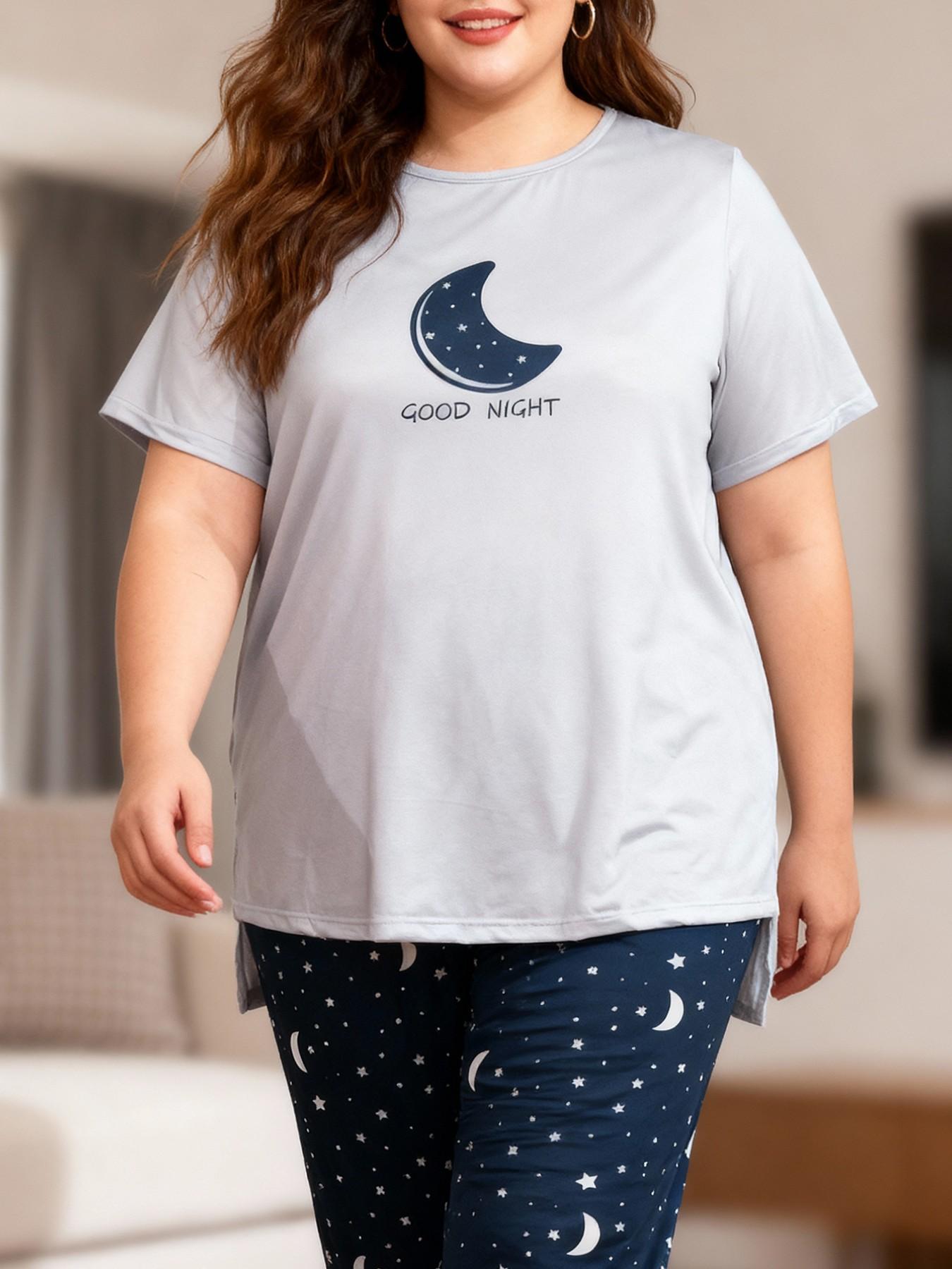 Women's Plus Size 2-Piece Pajama Set Loungewear, Loose-Fitting Short Sleeve Long Pants, All over Print, Casual Home Wear, All Seasons