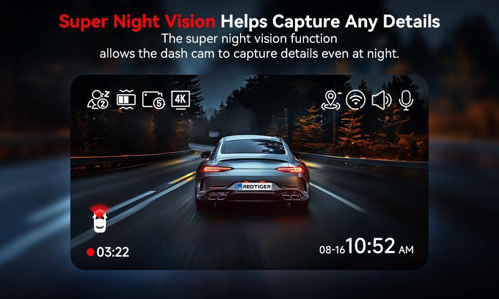 REDTIGER A4 Front & Rear Dash Cam Dashcam For Cars, 5.8GHz WiFi, 2" Touchscreen, 64GB Card，Advanced Car DVR w/Parking Monitoring, Loop Recording for Trucks & Cars