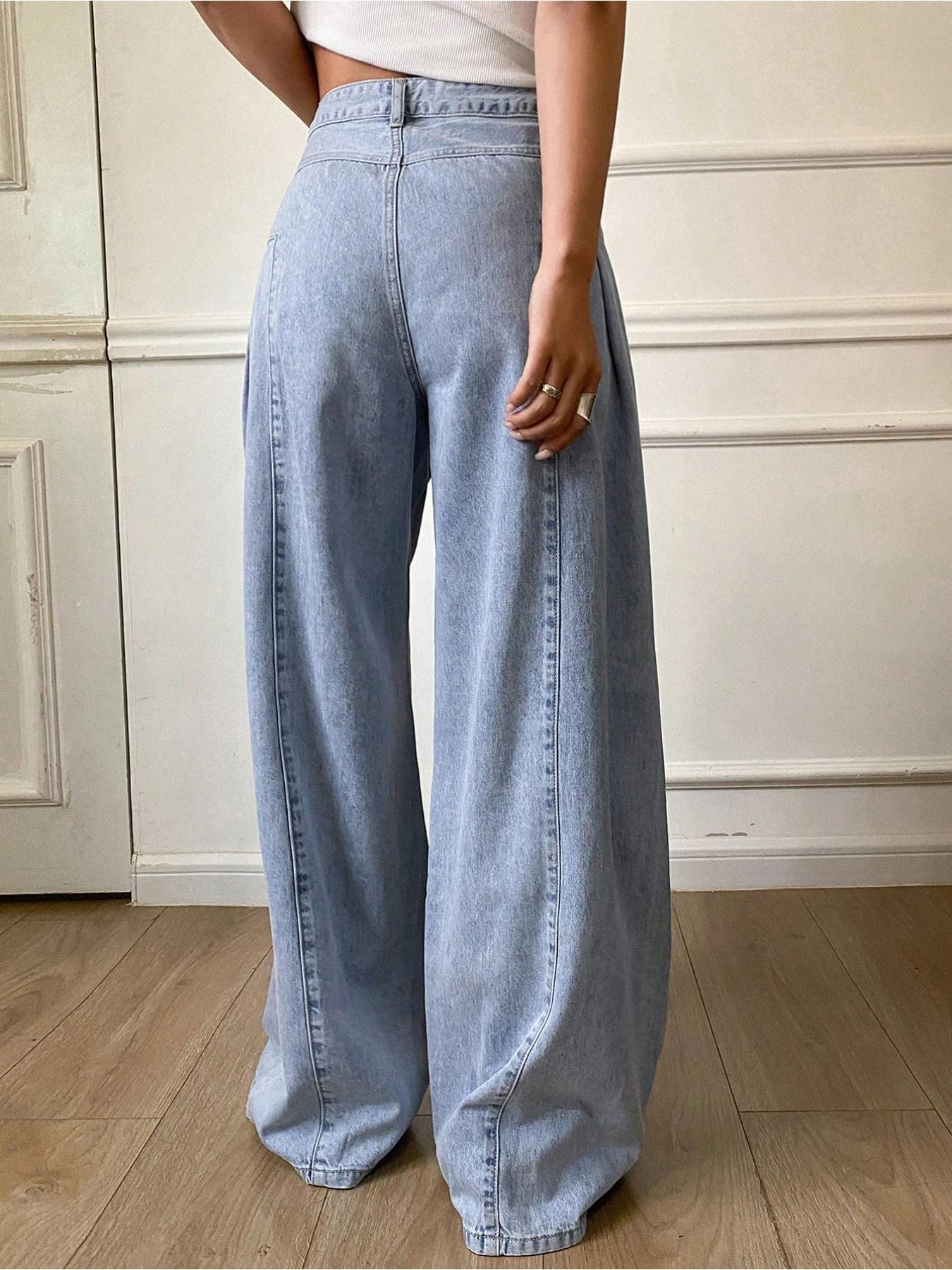 Women's Fashionable Elastic Comfortable Straight Leg Wide-Leg Woven Denim Jeans Pants, Plain Pattern, Fitted Style, All Seasons Wear, Womenswear