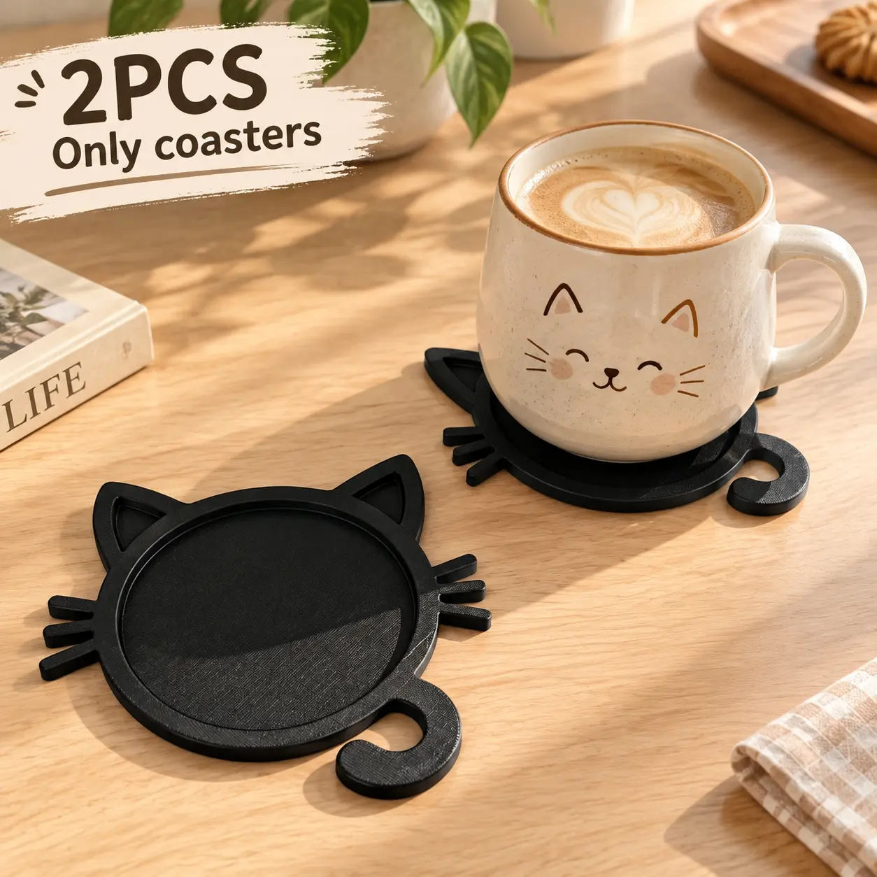 Cat shaped coaster cartoon Cat's ears (Steamed cat-ear shaped bread) anti-skid heat insulation pad Home desk tea cup holder Office coffee cup round black creative coaster Cute Coasters