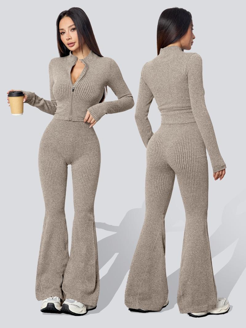 Women's Two-Piece Set, Sweatsuit Matching Set, Autumn Winter Knit Ribbed Jacket & High-Waisted Flare Pants, Casual Fitted Yoga Gym