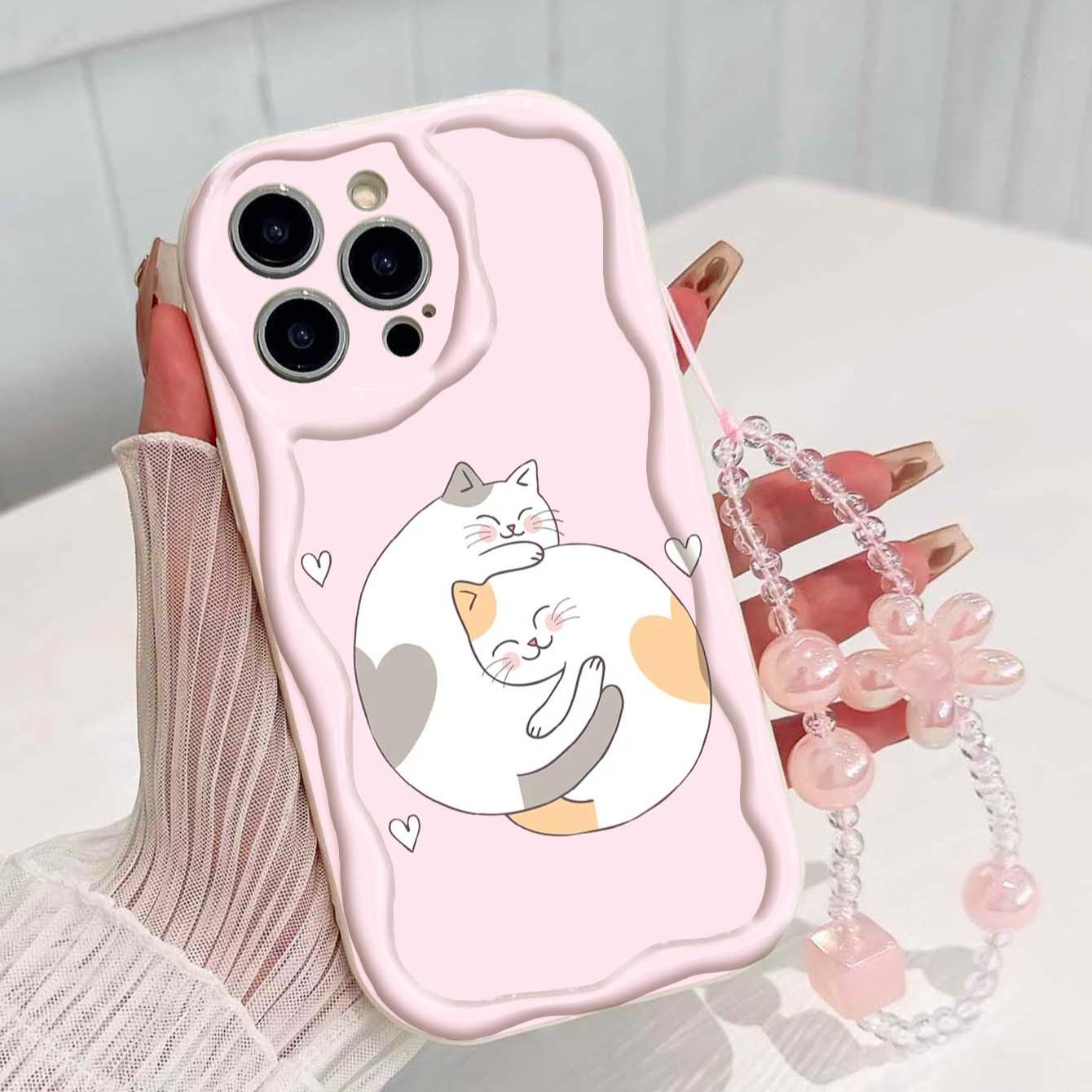 Cute Cat Design Tpu Phone Case with Lanyard, Shockproof Wave Edge, Compatible with Apple Models 11-17 Pro Max, Perfect Gift for Girls