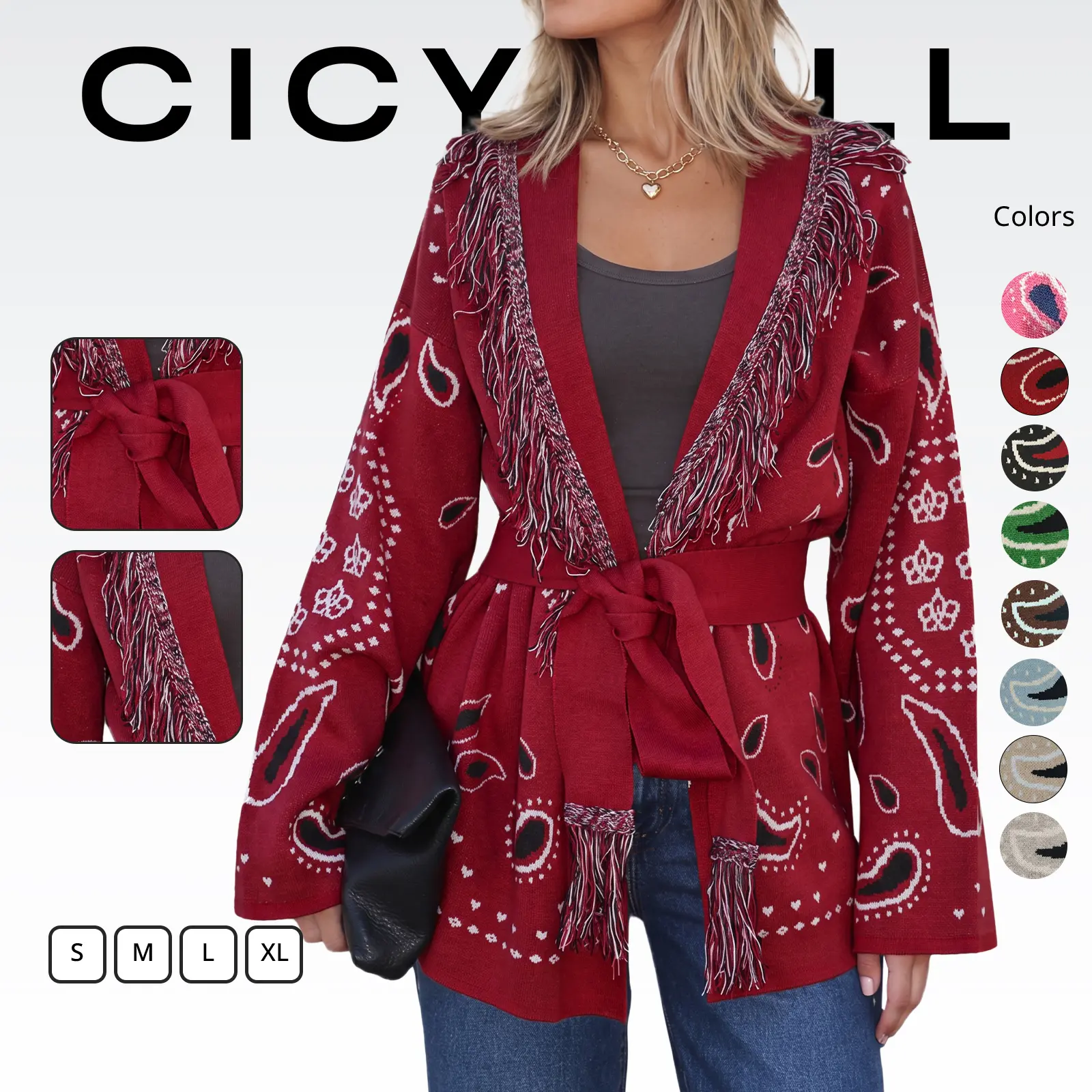 Cicy Bell Womens Cardigan Sweater Long Sleeve Fringe V Neck Printed Open Front Boho Patchwork Bleted Knit Coats