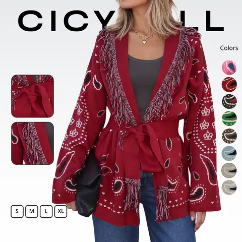 Cicy Bell Womens Cardigan Sweater Long Sleeve Fringe V Neck Printed Open Front Boho Patchwork Bleted Knit Coats