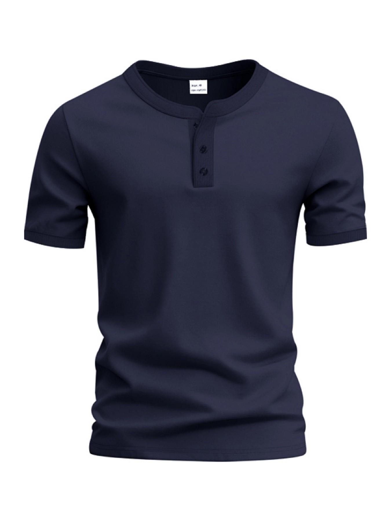 Men's Vintage Summer Loose-Fit Short Sleeve T-Shirt, Henry Collar Plain Color Quick-Dry Breathable, Casual Fashion for Men