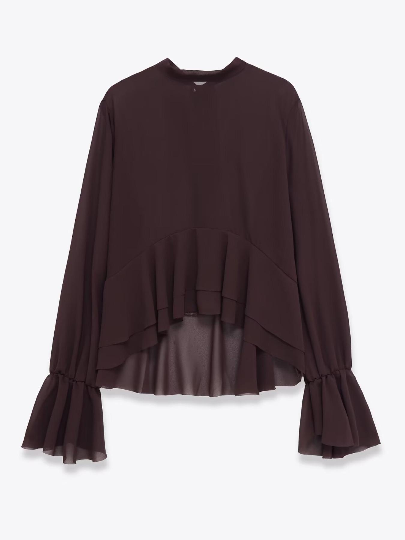 Women's Simple Round Neck Long Sleeve Shirt, Layered Decoration, Adjustable Bow Back, Asymmetric Hem, Wrinkled Pure Color Top, Blouse