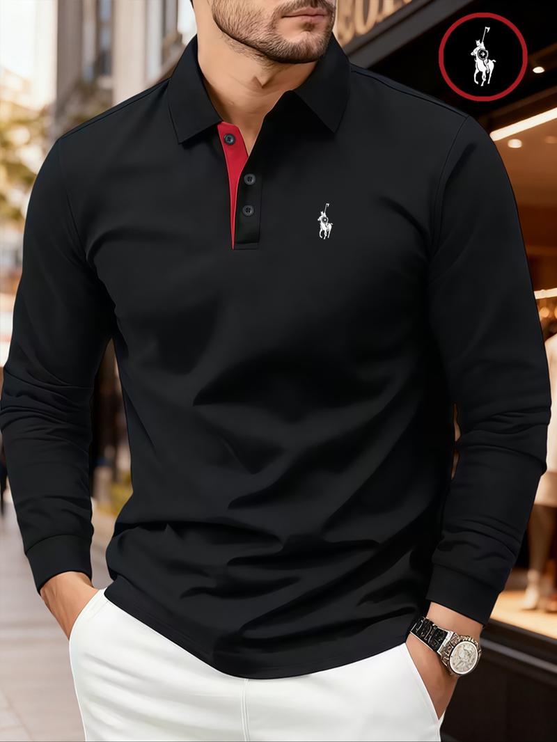 Men's Solid Color Long Sleeve Polo Shirt, High-End Fashion Fabric, Casual Sports Leisure Wear, All Seasons, Golf Outdoor Activity