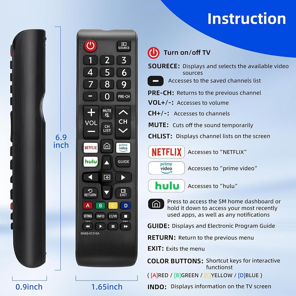 Universal Replacement for All Samsung Smart TV Remote,BN59-01315A Remote Control Replacement for Samsung-Smart-TV-Remote, for All Samsung LED QLED LCD 6/7/8/9 Series 4K UHD HDTV HDR Flat Curved Smart TV, with Netflix, Prime Video and Hulu Button