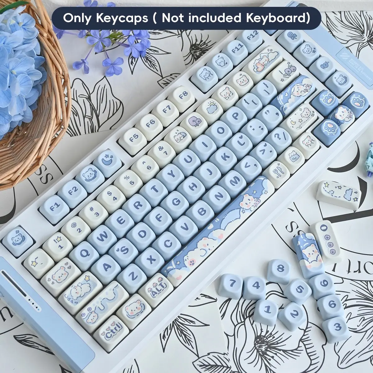 132 Key Ice Cream Bear Summer Theme Pbt Material Keycaps, Heat Sublimation Moa Height, Compatible with 61/87/96/98/104/108 Layouts