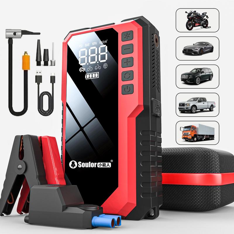 Portable Car Jump Starter (6400mAh / 8000mAh) with Air Compressor, Fast USB Charging and Multiple Safety Protections, Includes Jumper Cables, Car Tool Kit