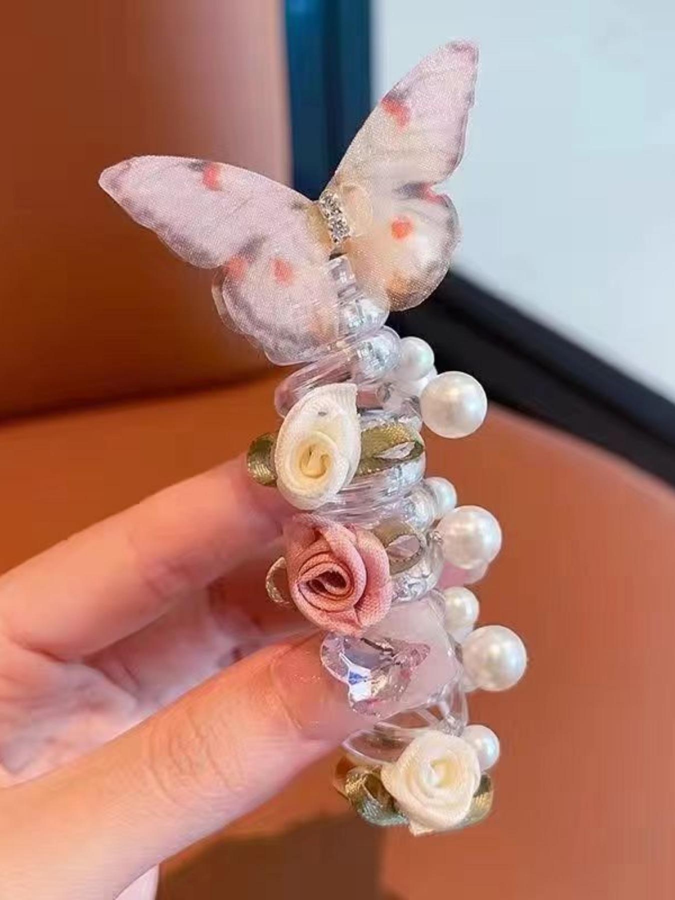 New Mesh Butterfly Pearl Hair Tie, Cute Round Bead Flower Butterfly Phone Line Braided Bubble Braid Hair Rope, Girls' Headwear for Daily Use