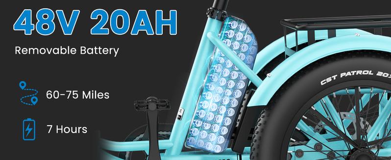 MOONCOOL Electric Tricycle for Adults, 750W 48V Folding Electric Trike Peak Power 1100W, 3 Wheels Electric Bicycle, Aluminum Frame Electric Tricycle with Large Basket and Removable Battery