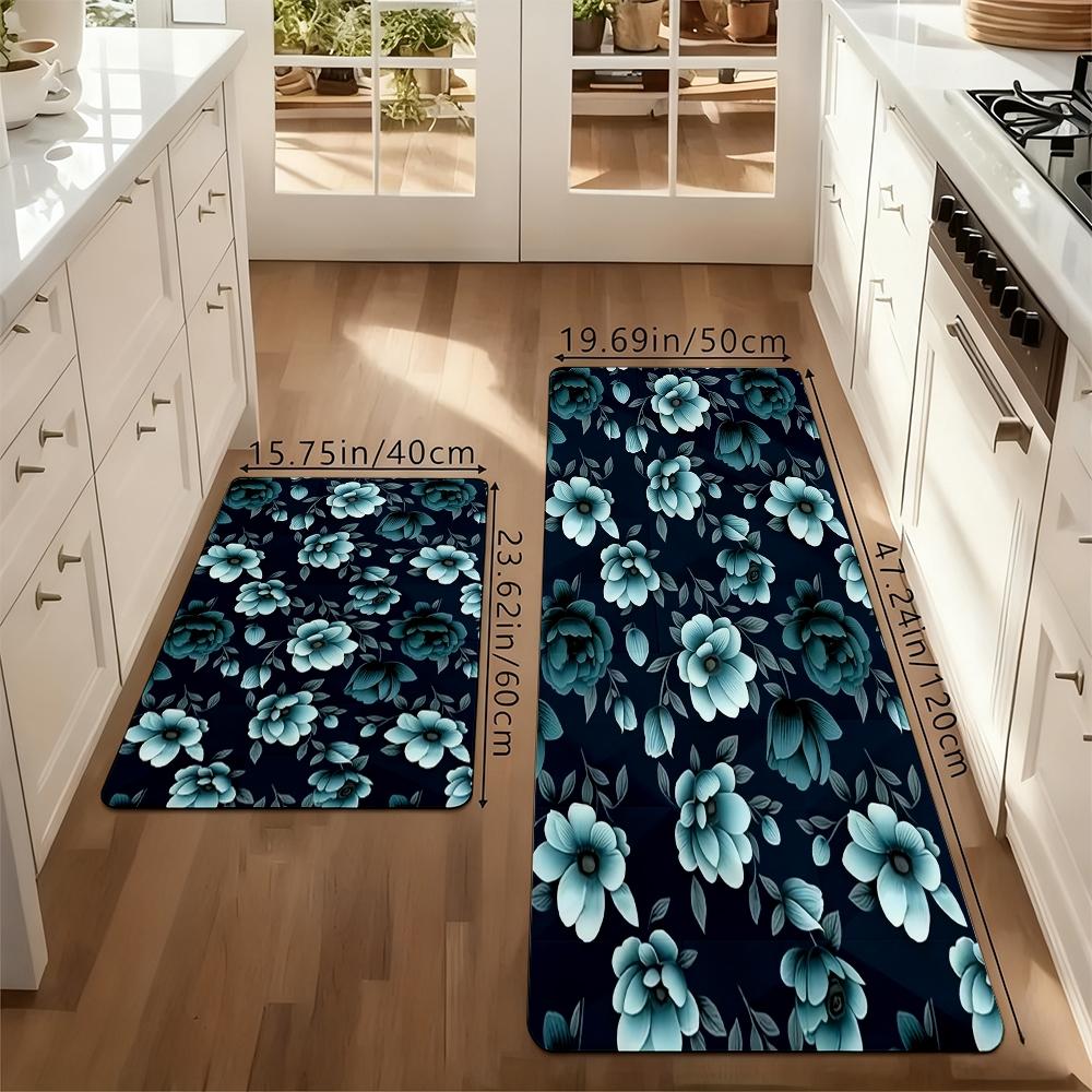 Blue Floral Kitchen Mat, Watercolor Rose Flower Non-Slip Washable Floor Mats, Aesthetic Botanical Runner Rugs for Kitchen, Living Room & Home Decor