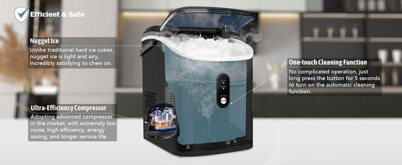 Nugget Ice Maker Countertop, Chewable Pebble Ice 34Lbs Per Day 45Lbs Per Day, Crunchy Pellet Ice Cubes Maker Machine with Self Cleaning, Compact Portable Design for Home/Kitchen/RV/Office