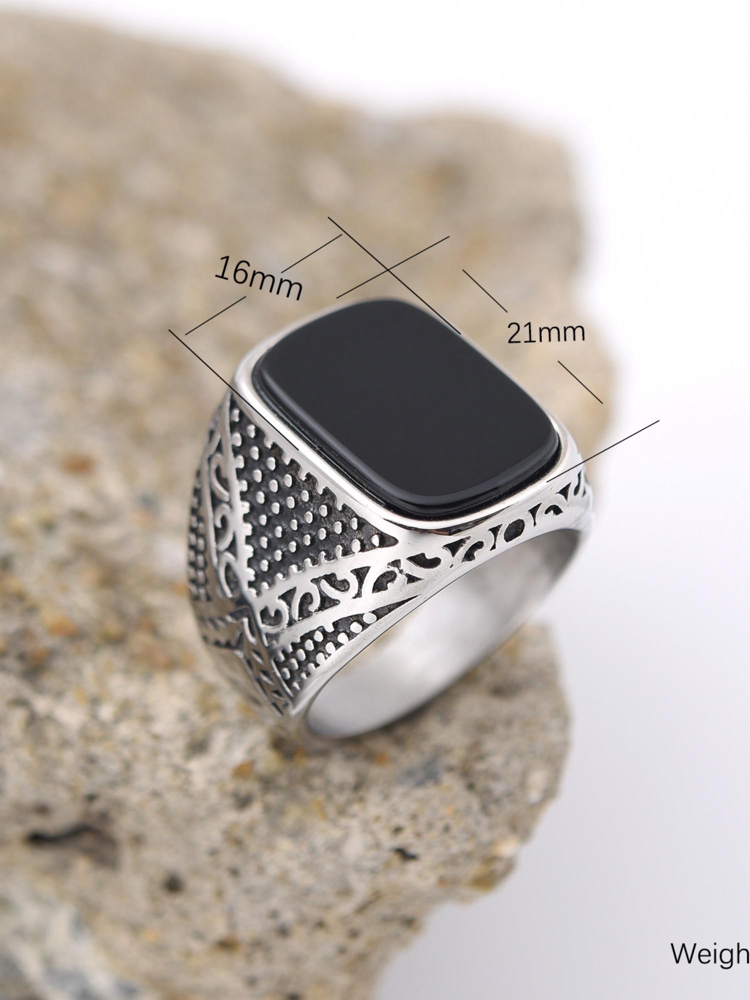 Vintage Men's Signet Ring 316L Stainless Steel Silver Color Blue Agate Square Stone Retro Carving Jewelry Gift