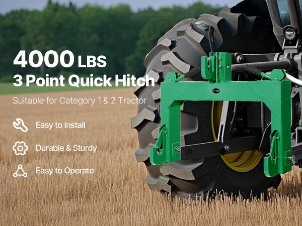 VEVOR 3-Point Quick Hitch, 4000 Lbs Lift Capacity, 3-Pt Trailer Hitch with 5 Level Adjustable Bolt, Adaptation to Category 2 Tractor, Heavy Duty 3 Point Attachments, Green