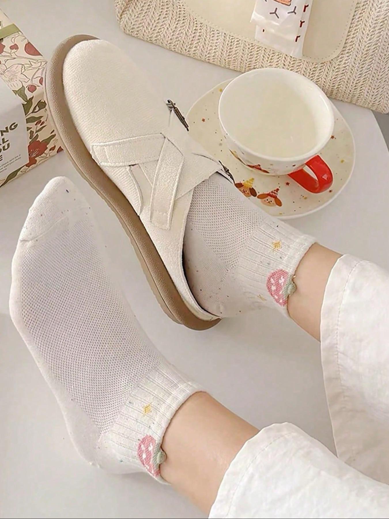5 Pairs Women's Teenage Floral Strawberry Bow Low Top Ankle Socks, High Elastic Non-Straining Short Socks, All Seasons Student Socks