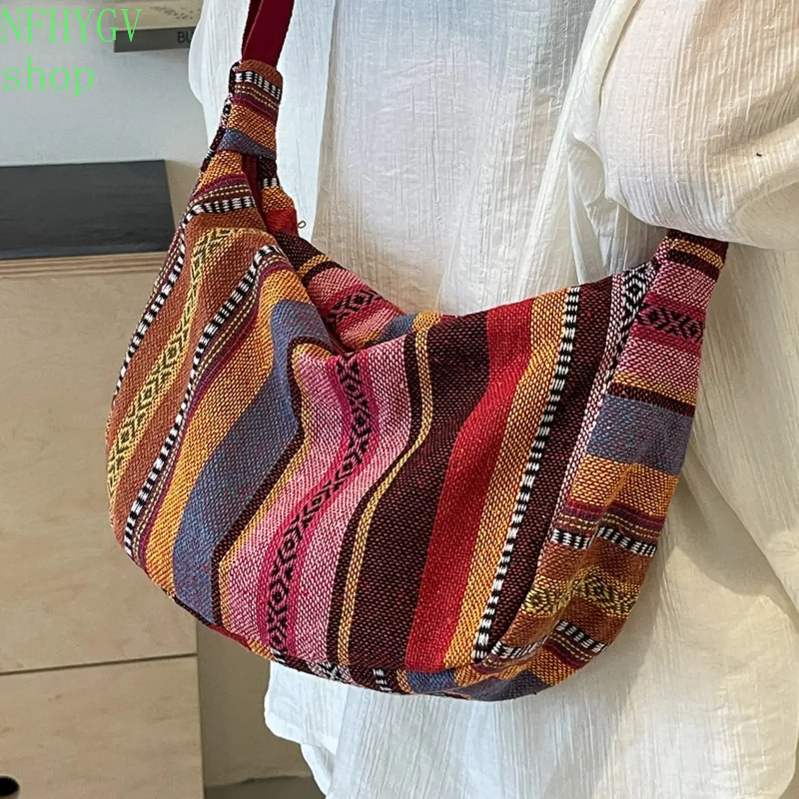 Women’s Chic Vintage Tribal Woven Hobo Purse, Ethnic Canvas Crossbody Bag With Adjustable Strap, Geometric Crescent Shape And Zipper Closure, Casual Handbag For Everyday Wear, Travel And Back‑To‑School Styling