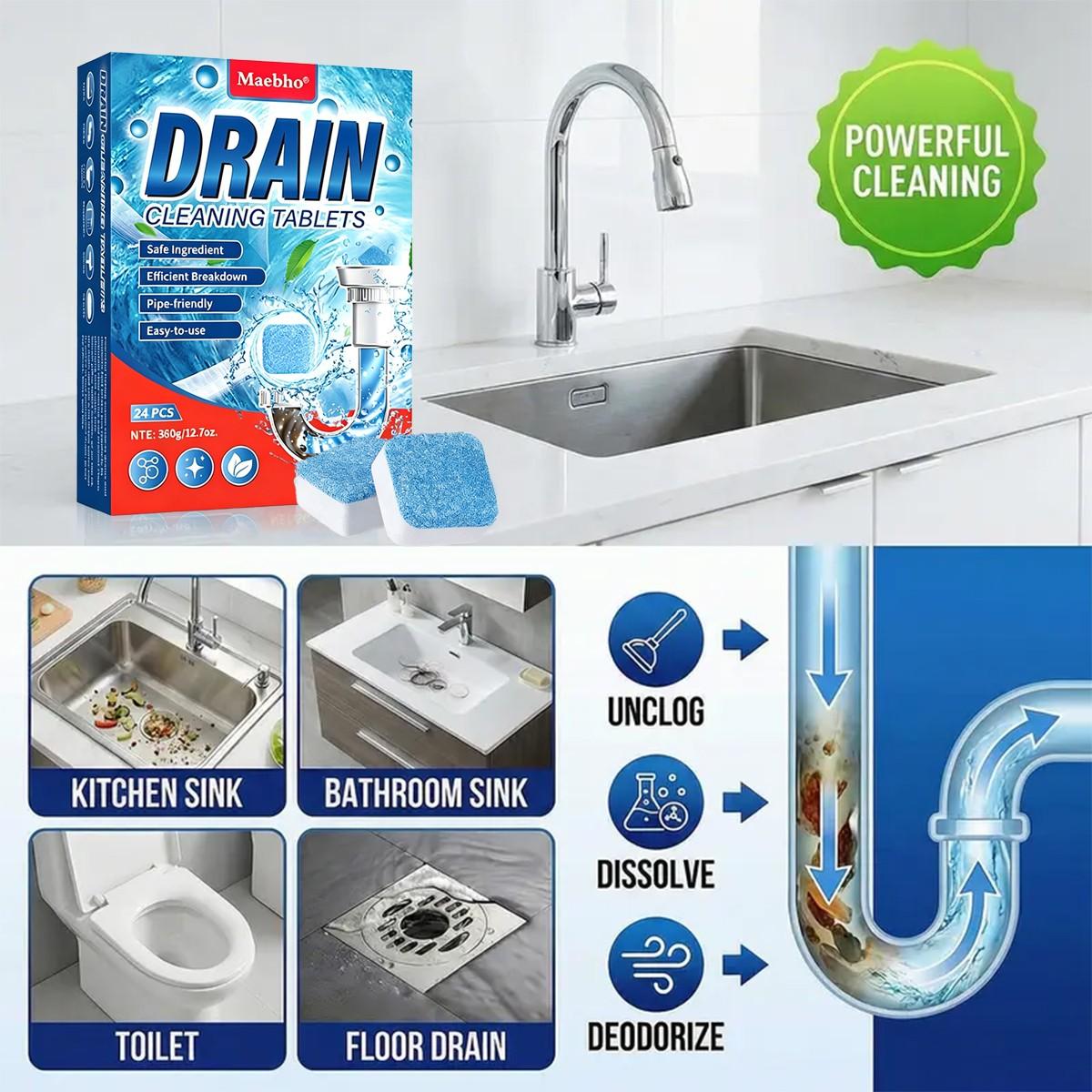 Extra strong drain cleaning tablets. Quickly unclog pipes, sinks, bathrooms, and kitchens. Powerful enzyme formula kills 99% of bacteria. Eliminate odors. 24-pack
