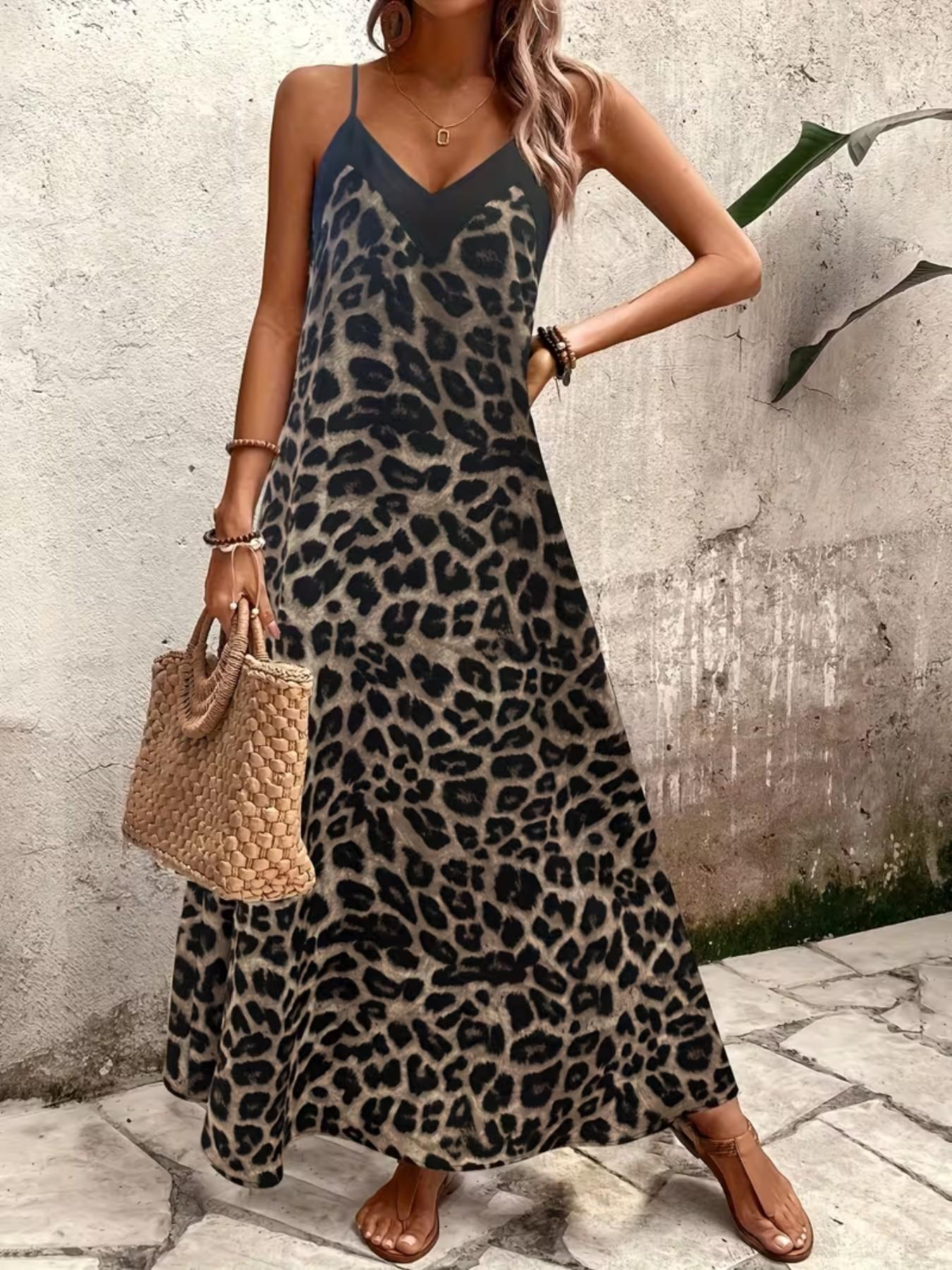Three Color Options Leopard Print V-Neck Strapless Long Dress, Lightweight Soft Sleeveless A-Line Maxi Dress, Elegant Evening Gown